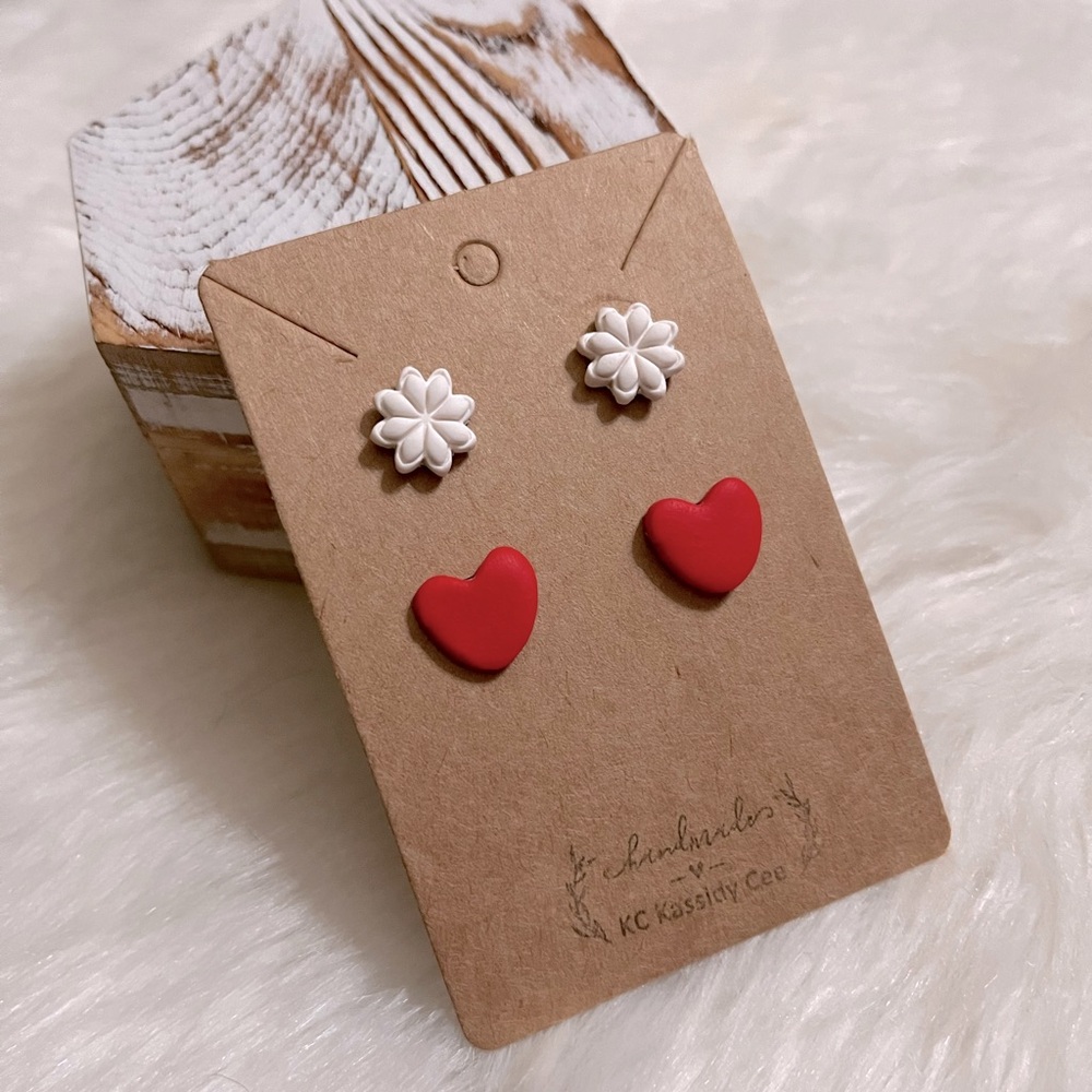 White Flower + Red Heart Stud Polymer Clay Earrings